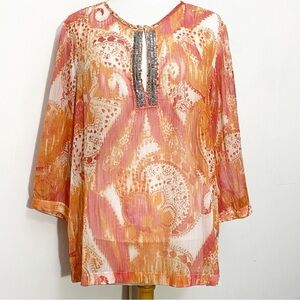 Chico's Vibrant Sheer Beaded Neck Orange and Pink Top Blouse. Chicos 2 (Size L)
